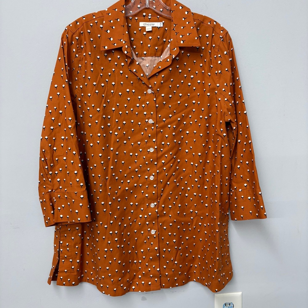 Chicos Rust Orange Cotton Boll Print‎ Button Down Tunic Shirt Size 1.5 US 10